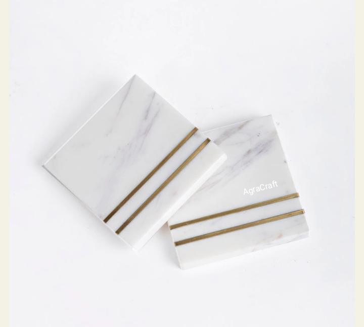 Agracraft White marble coaster set with brass interior work