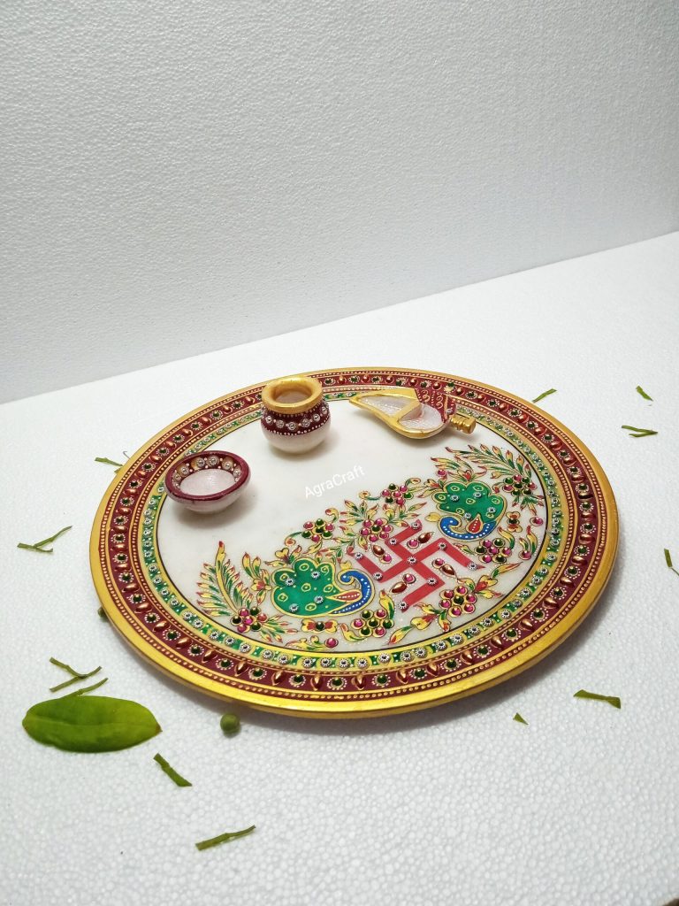 Agracraft Beautiful Golden Marble meenakari puja thali
