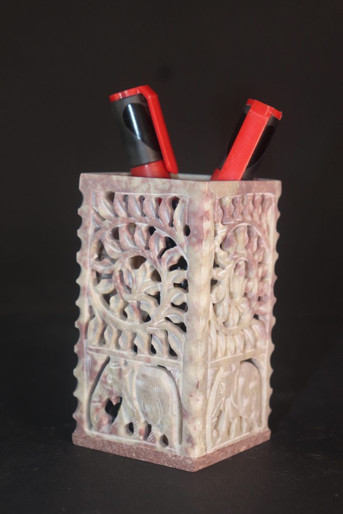 Agracraft Marble Soapstone Pen holder Elephant &Floral work