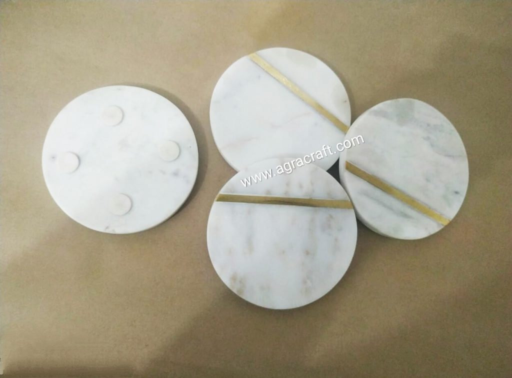 White Marble Brass Coaster Set