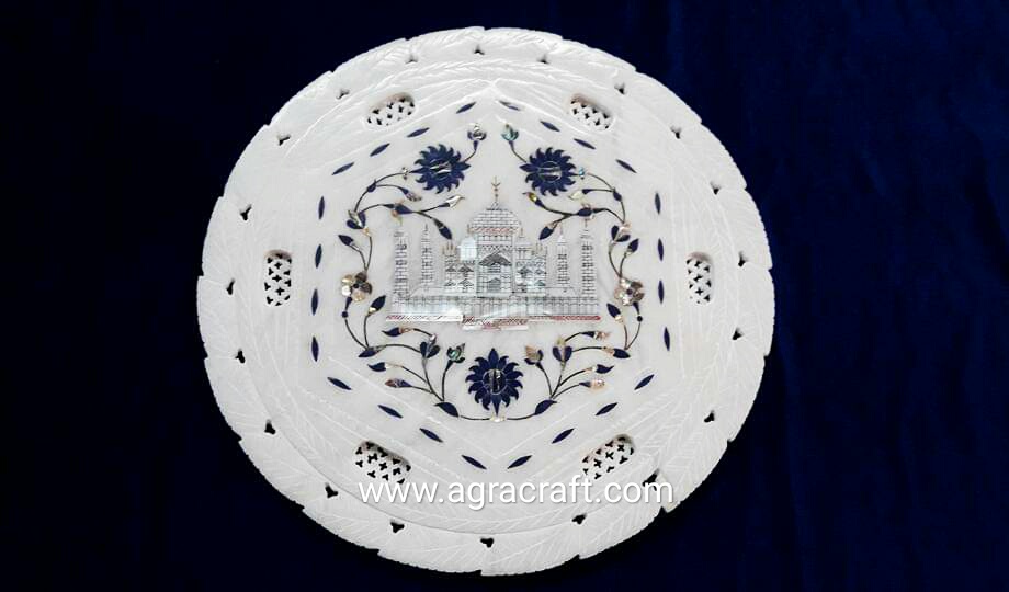 White Italian Marble Decorative inlay Taj Mahal Round plate for Home
