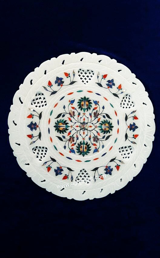 White Italian Marble Decorative Net Inlay Work Round Plate