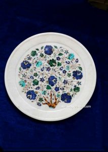 White Marble Decorative Flora Inlay Art Round Plate For Home
