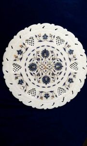 White Italian Marble Decorative Blue Inlay Work Round Plate