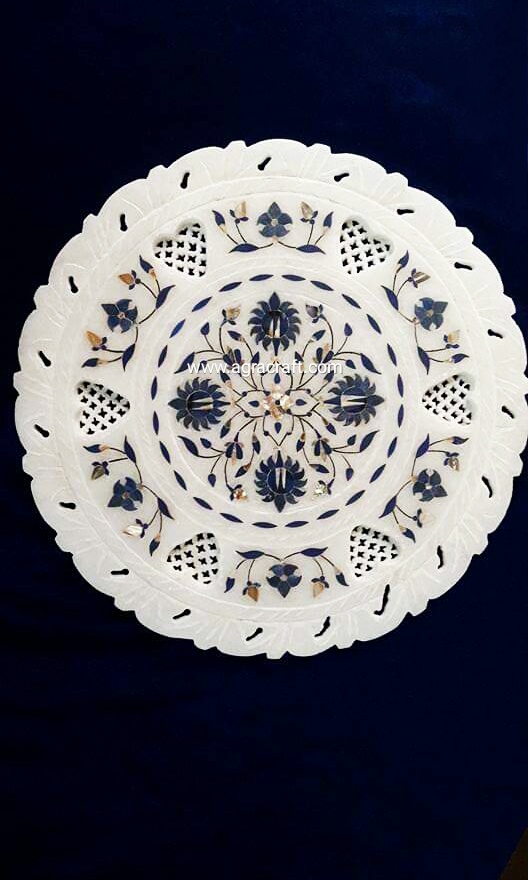 White Italian Marble Decorative Blue Inlay Work Round Plate