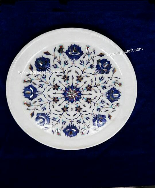 White Marble Decorative Flora Inlay Art Work Round Plate