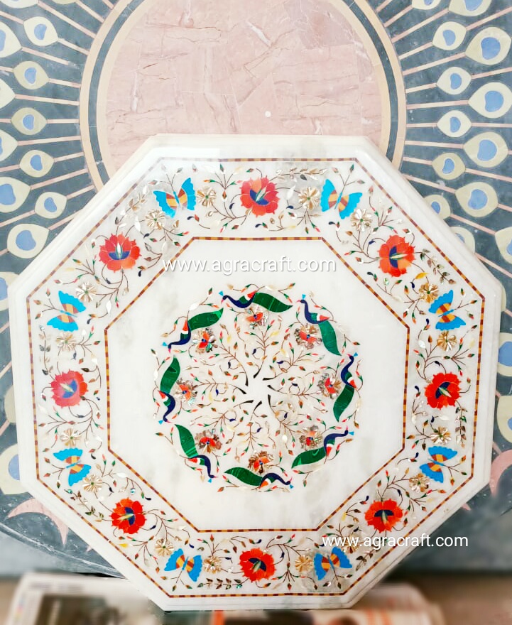 Marble Hexagonal Decorative Inlay Peacock Table Top