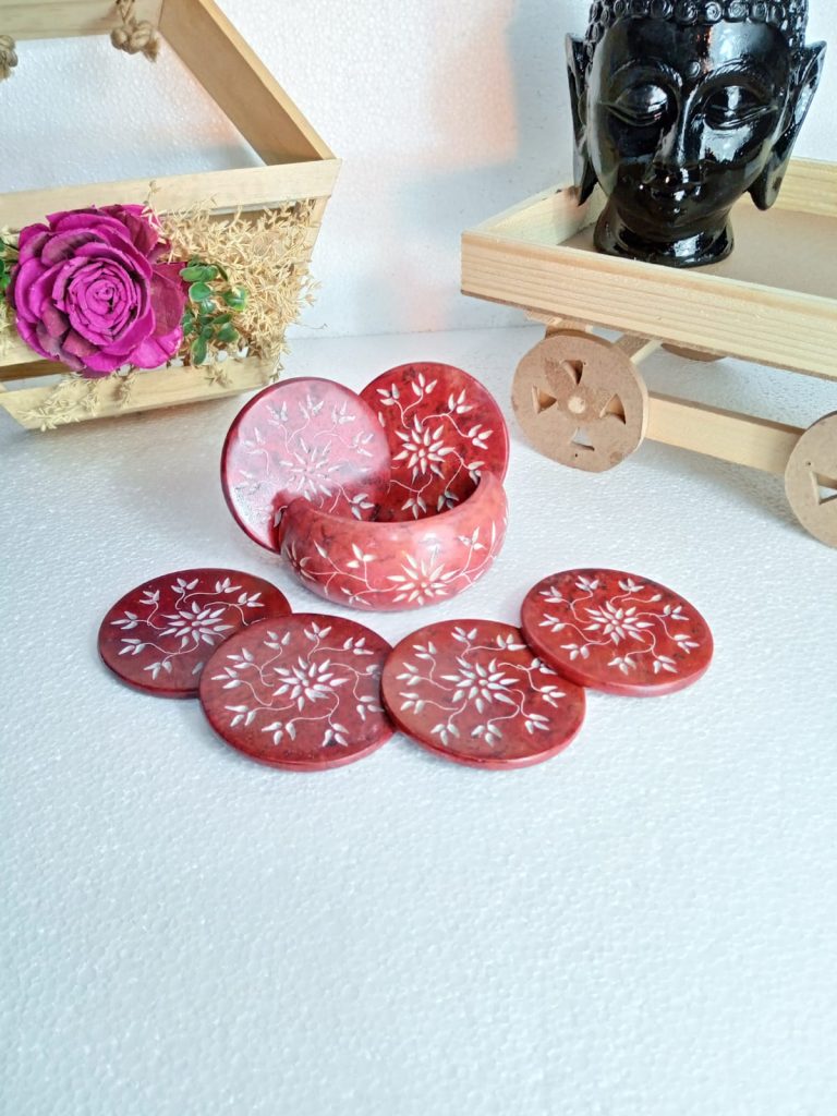 Marble handicrafts Red Tyre Coaster handmade small leaf & floral work