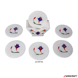 Handicraft Marble White Coaster Set With Holder Inlay Work