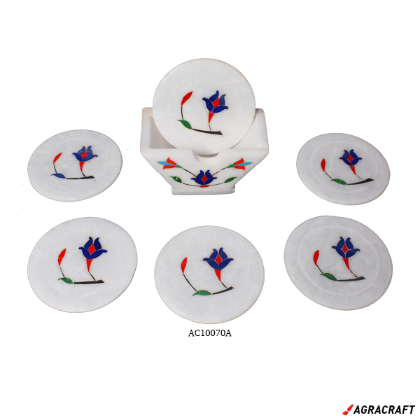 Handicraft Marble White Coaster Set With Holder Inlay  Work